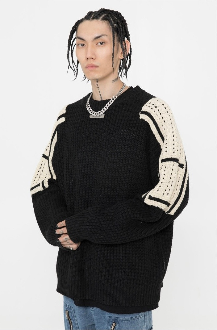 Patch-Knit Crewneck Sweater Men’s Unisex Khaki Black Patchwork Knitted Pullovers Men Women Streetwear Casual Loose Color Matching O-Neck Mesh Sweaters Trend for Man